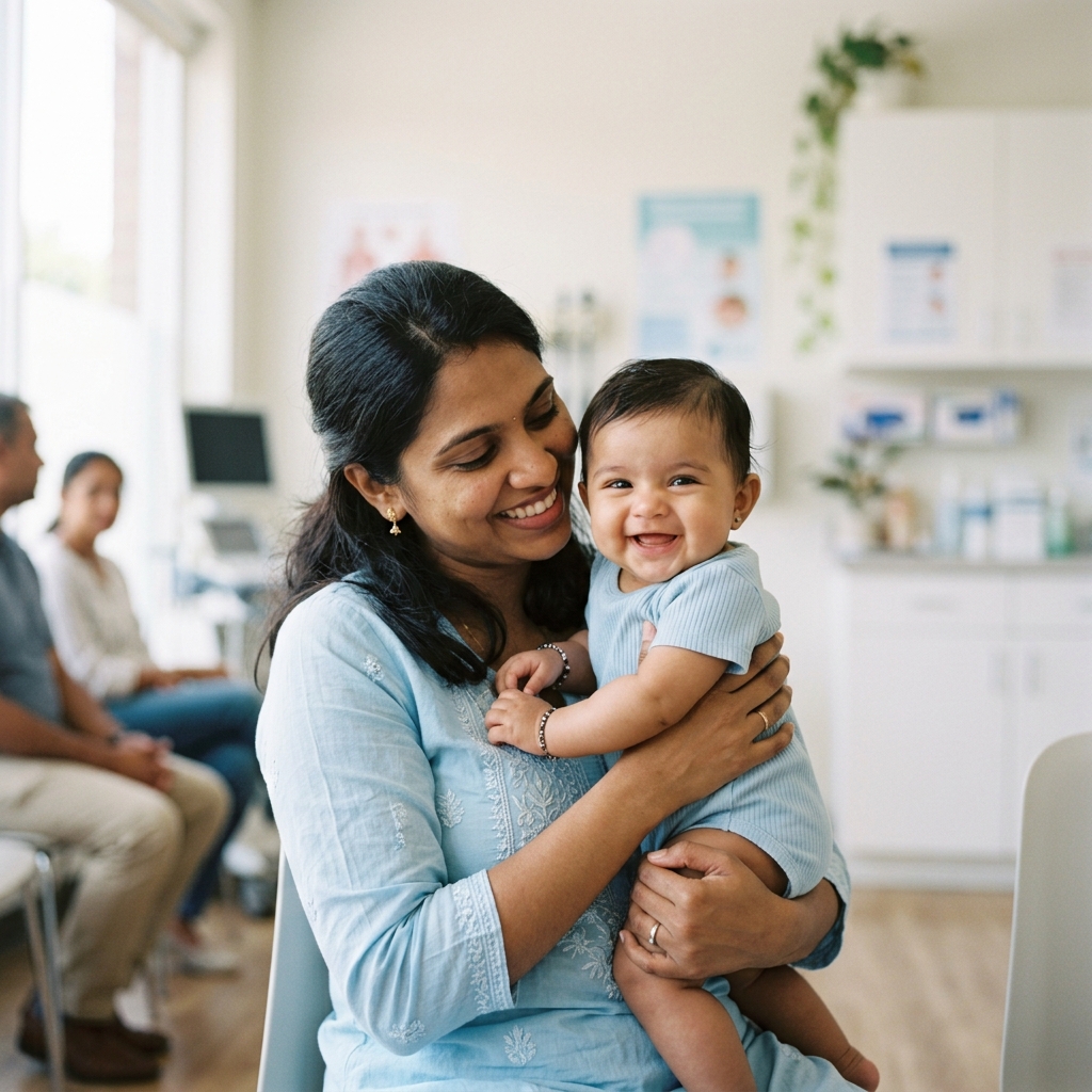 Healthy South Asian mother smiling and holding her happy child